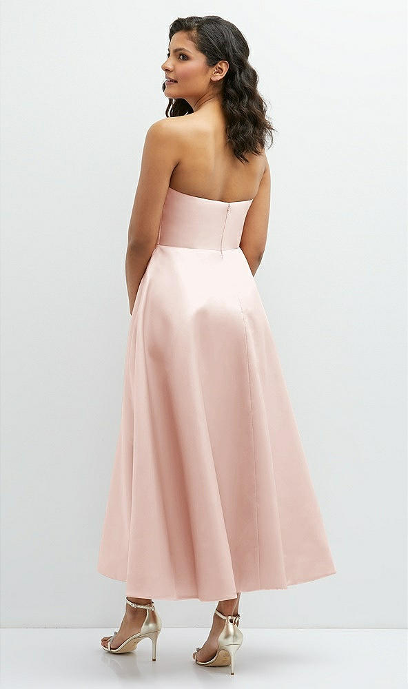 Back View - Blush Draped Bodice Strapless Satin Midi Dress with Full Circle Skirt