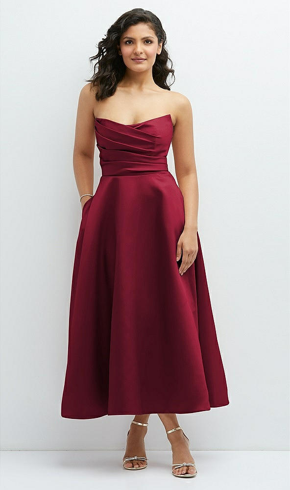 Front View - Burgundy Draped Bodice Strapless Satin Midi Dress with Full Circle Skirt