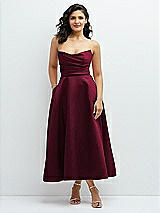 Front View Thumbnail - Cabernet Draped Bodice Strapless Satin Midi Dress with Full Circle Skirt