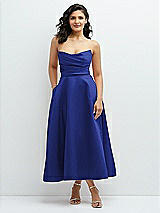 Front View Thumbnail - Cobalt Blue Draped Bodice Strapless Satin Midi Dress with Full Circle Skirt