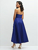 Rear View Thumbnail - Cobalt Blue Draped Bodice Strapless Satin Midi Dress with Full Circle Skirt