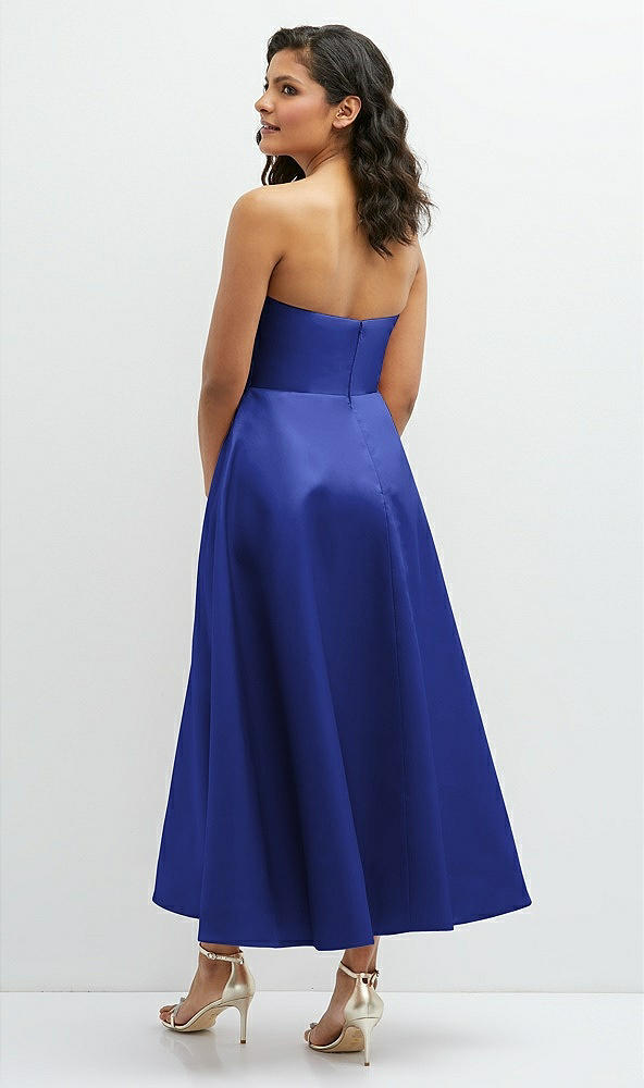 Back View - Cobalt Blue Draped Bodice Strapless Satin Midi Dress with Full Circle Skirt