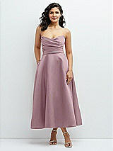 Front View Thumbnail - Dusty Rose Draped Bodice Strapless Satin Midi Dress with Full Circle Skirt