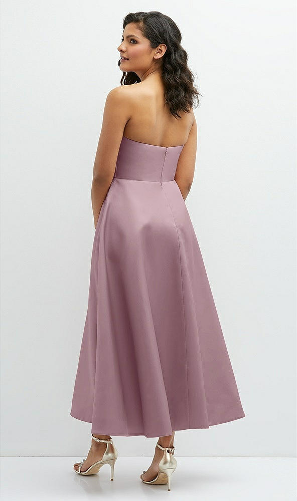 Back View - Dusty Rose Draped Bodice Strapless Satin Midi Dress with Full Circle Skirt