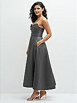 Side View Thumbnail - Gunmetal Draped Bodice Strapless Satin Midi Dress with Full Circle Skirt