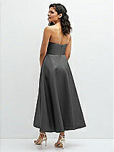 Rear View Thumbnail - Gunmetal Draped Bodice Strapless Satin Midi Dress with Full Circle Skirt