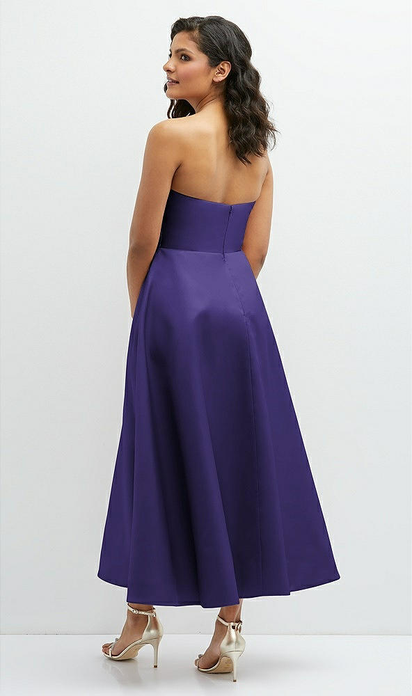 Back View - Grape Draped Bodice Strapless Satin Midi Dress with Full Circle Skirt