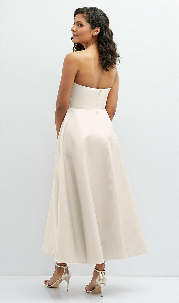 Back View - Ivory Draped Bodice Strapless Satin Midi Dress with Full Circle Skirt