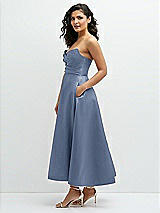 Side View Thumbnail - Larkspur Blue Draped Bodice Strapless Satin Midi Dress with Full Circle Skirt