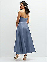 Rear View Thumbnail - Larkspur Blue Draped Bodice Strapless Satin Midi Dress with Full Circle Skirt