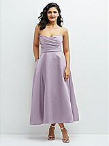 Front View Thumbnail - Lilac Haze Draped Bodice Strapless Satin Midi Dress with Full Circle Skirt