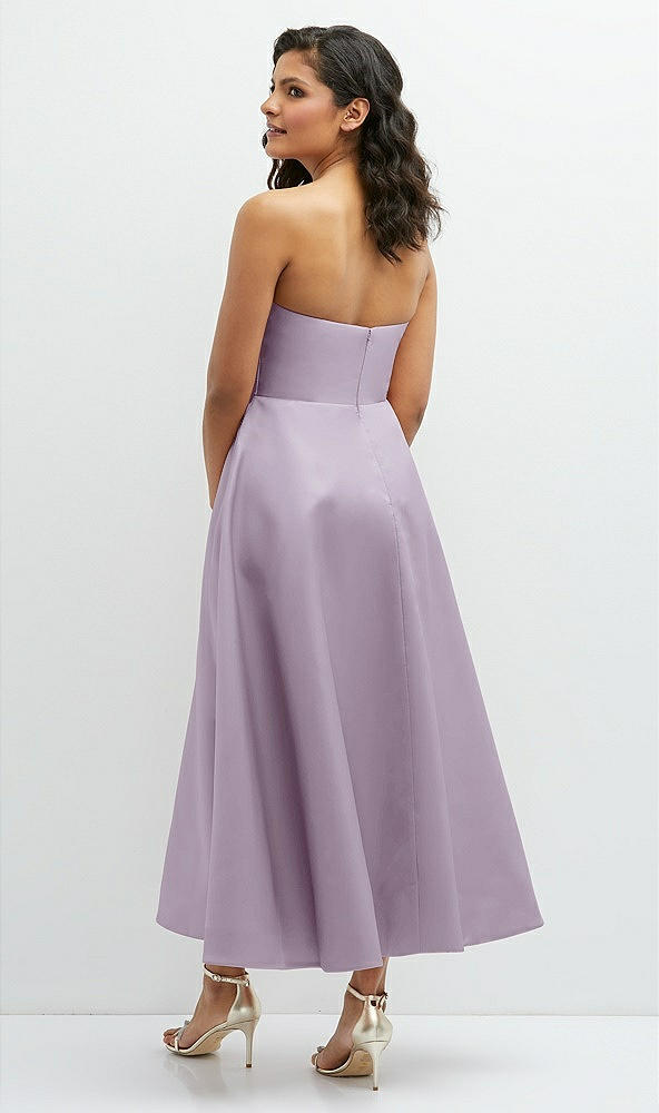 Back View - Lilac Haze Draped Bodice Strapless Satin Midi Dress with Full Circle Skirt