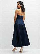 Rear View Thumbnail - Midnight Navy Draped Bodice Strapless Satin Midi Dress with Full Circle Skirt