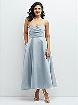 Front View Thumbnail - Mist Draped Bodice Strapless Satin Midi Dress with Full Circle Skirt