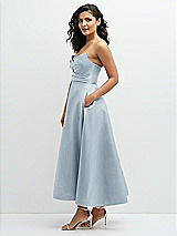 Side View Thumbnail - Mist Draped Bodice Strapless Satin Midi Dress with Full Circle Skirt