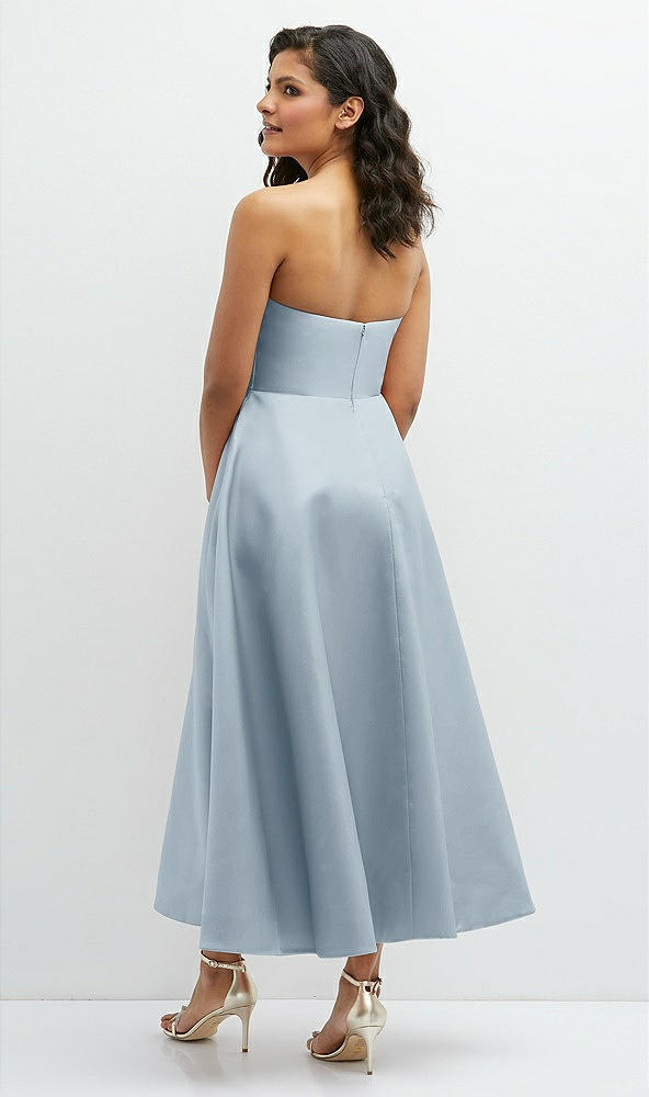 Back View - Mist Draped Bodice Strapless Satin Midi Dress with Full Circle Skirt