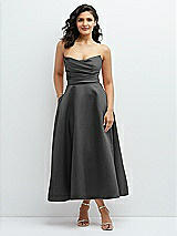 Front View Thumbnail - Pewter Draped Bodice Strapless Satin Midi Dress with Full Circle Skirt