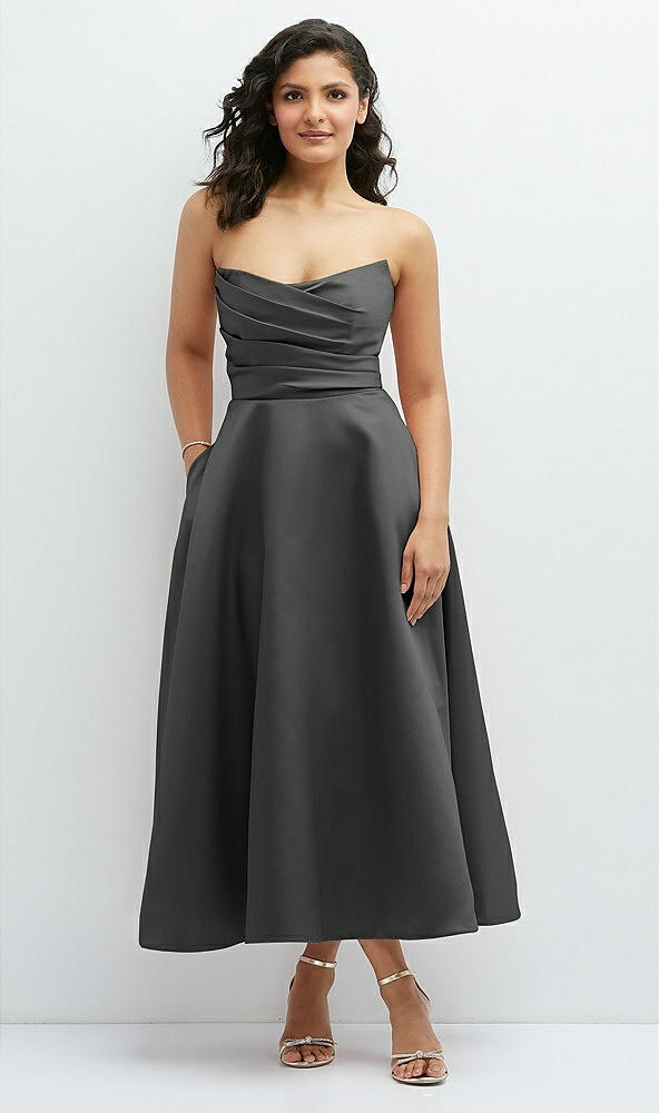 Front View - Pewter Draped Bodice Strapless Satin Midi Dress with Full Circle Skirt