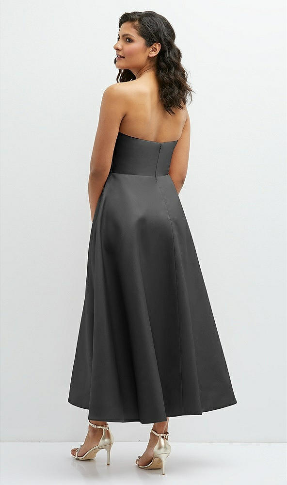 Back View - Pewter Draped Bodice Strapless Satin Midi Dress with Full Circle Skirt