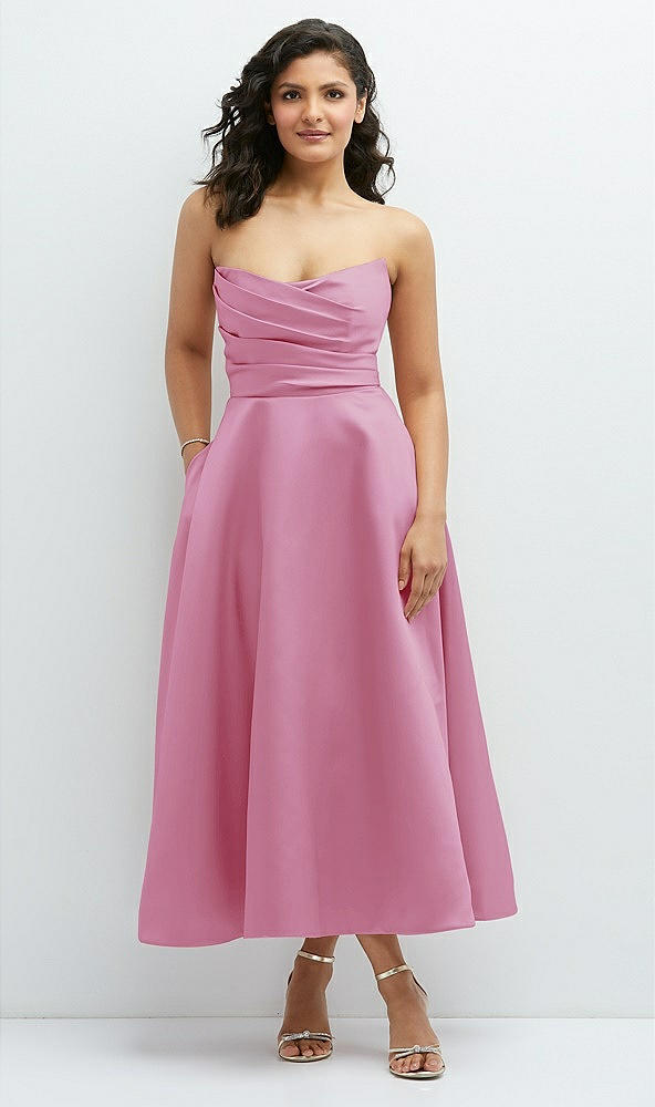 Front View - Powder Pink Draped Bodice Strapless Satin Midi Dress with Full Circle Skirt