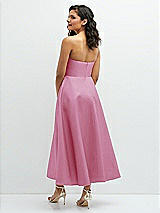 Rear View Thumbnail - Powder Pink Draped Bodice Strapless Satin Midi Dress with Full Circle Skirt