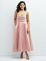 Front View Thumbnail - Rose - PANTONE Rose Quartz Draped Bodice Strapless Satin Midi Dress with Full Circle Skirt