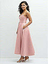 Side View Thumbnail - Rose - PANTONE Rose Quartz Draped Bodice Strapless Satin Midi Dress with Full Circle Skirt