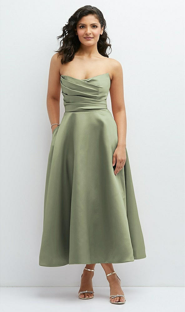 Front View - Sage Draped Bodice Strapless Satin Midi Dress with Full Circle Skirt