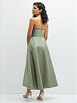 Rear View Thumbnail - Sage Draped Bodice Strapless Satin Midi Dress with Full Circle Skirt