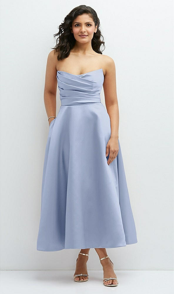 Front View - Sky Blue Draped Bodice Strapless Satin Midi Dress with Full Circle Skirt