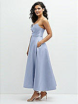 Side View Thumbnail - Sky Blue Draped Bodice Strapless Satin Midi Dress with Full Circle Skirt