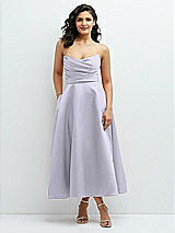 Front View Thumbnail - Silver Dove Draped Bodice Strapless Satin Midi Dress with Full Circle Skirt