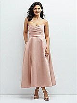 Front View Thumbnail - Toasted Sugar Draped Bodice Strapless Satin Midi Dress with Full Circle Skirt