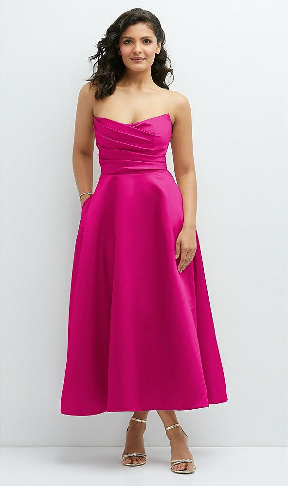 Front View - Think Pink Draped Bodice Strapless Satin Midi Dress with Full Circle Skirt