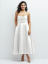 Front View Thumbnail - White Draped Bodice Strapless Satin Midi Dress with Full Circle Skirt