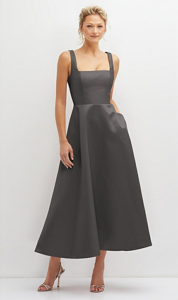 Front View - Caviar Gray Square Neck Satin Midi Dress with Full Skirt & Pockets