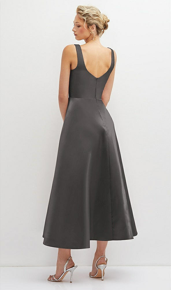 Back View - Caviar Gray Square Neck Satin Midi Dress with Full Skirt & Pockets