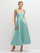 Front View Thumbnail - Coastal Square Neck Satin Midi Dress with Full Skirt & Pockets