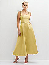 Front View Thumbnail - Maize Square Neck Satin Midi Dress with Full Skirt & Pockets