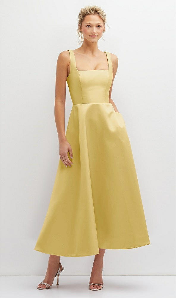 Front View - Maize Square Neck Satin Midi Dress with Full Skirt & Pockets