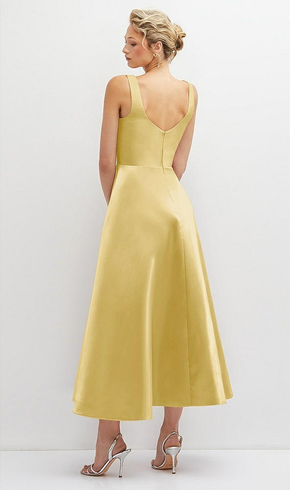 Back View - Maize Square Neck Satin Midi Dress with Full Skirt & Pockets