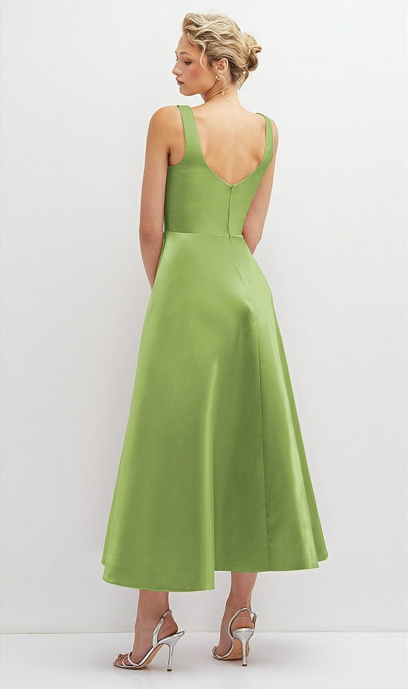 Back View - Mojito Square Neck Satin Midi Dress with Full Skirt & Pockets