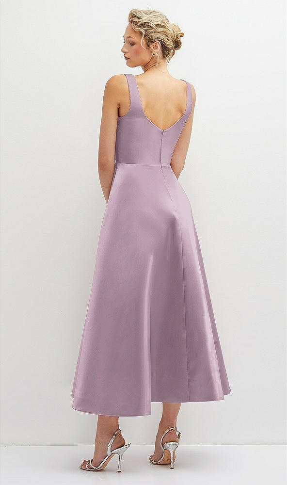 Back View - Suede Rose Square Neck Satin Midi Dress with Full Skirt & Pockets