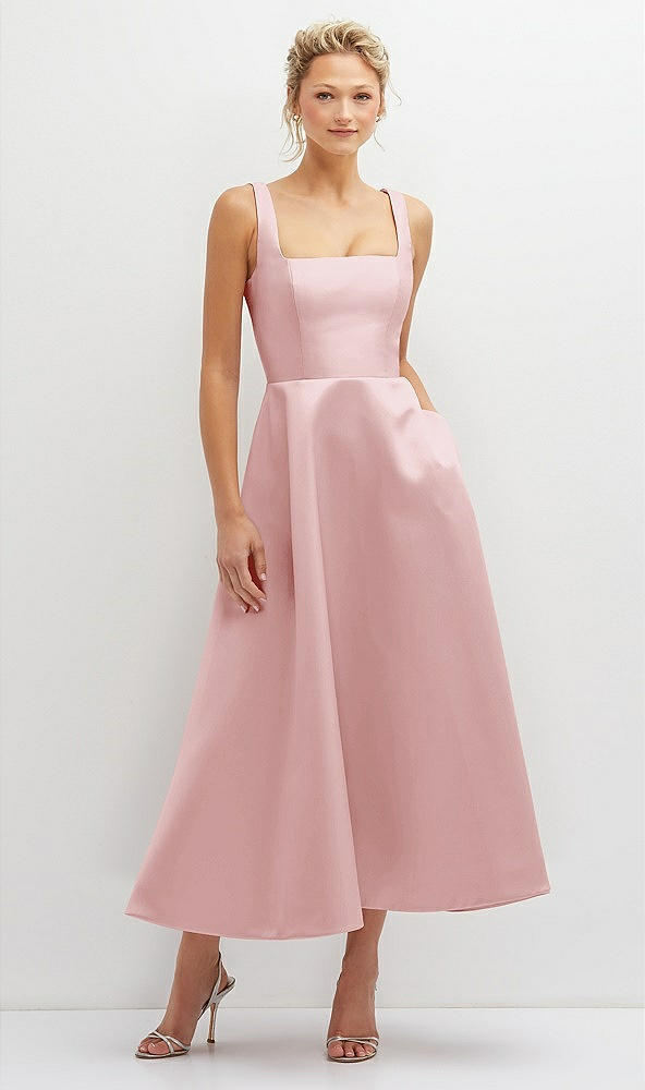 Front View - Ballet Pink Square Neck Satin Midi Dress with Full Skirt & Pockets