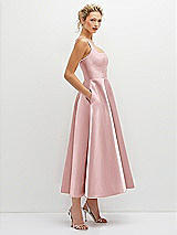 Side View Thumbnail - Ballet Pink Square Neck Satin Midi Dress with Full Skirt & Pockets