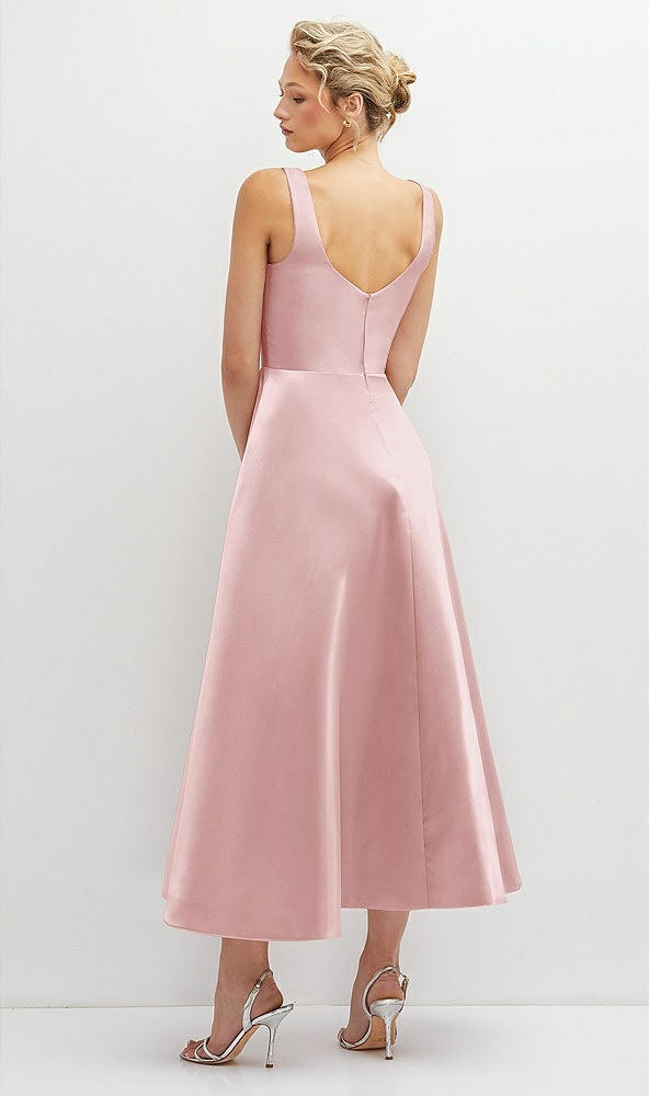 Back View - Ballet Pink Square Neck Satin Midi Dress with Full Skirt & Pockets