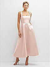 Front View Thumbnail - Blush Square Neck Satin Midi Dress with Full Skirt & Pockets