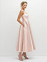 Side View Thumbnail - Blush Square Neck Satin Midi Dress with Full Skirt & Pockets