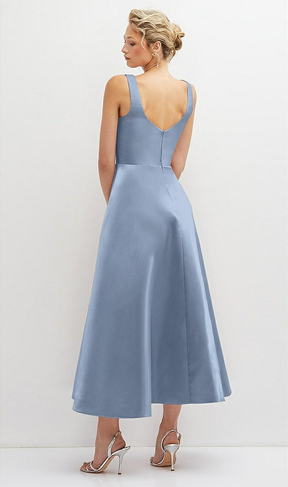 Back View - Cloudy Square Neck Satin Midi Dress with Full Skirt & Pockets