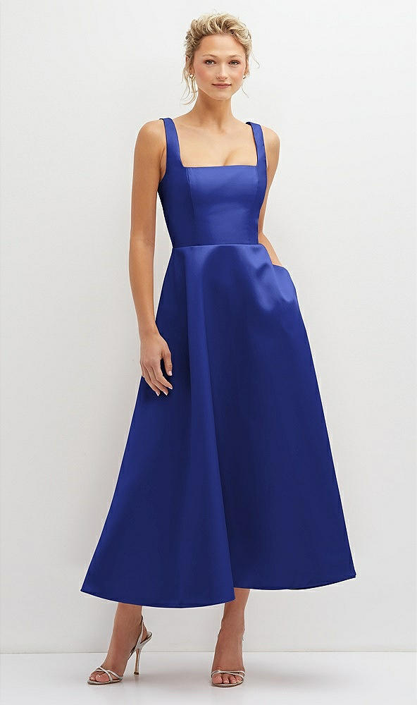 Front View - Cobalt Blue Square Neck Satin Midi Dress with Full Skirt & Pockets